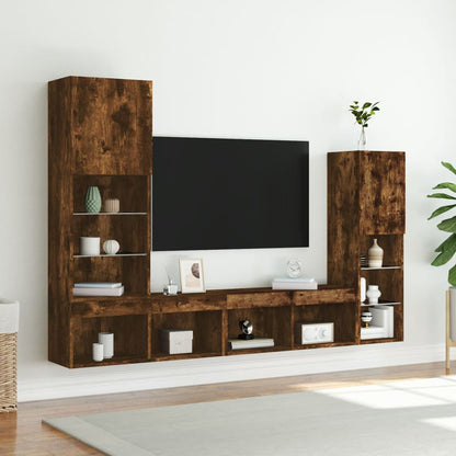 Mobili TV a Muro con LED 4pz Rovere Fumo in Legno Multistrato