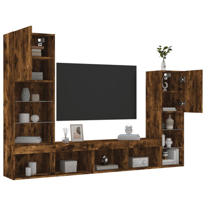 Mobili TV a Muro con LED 4pz Rovere Fumo in Legno Multistrato | homemem39