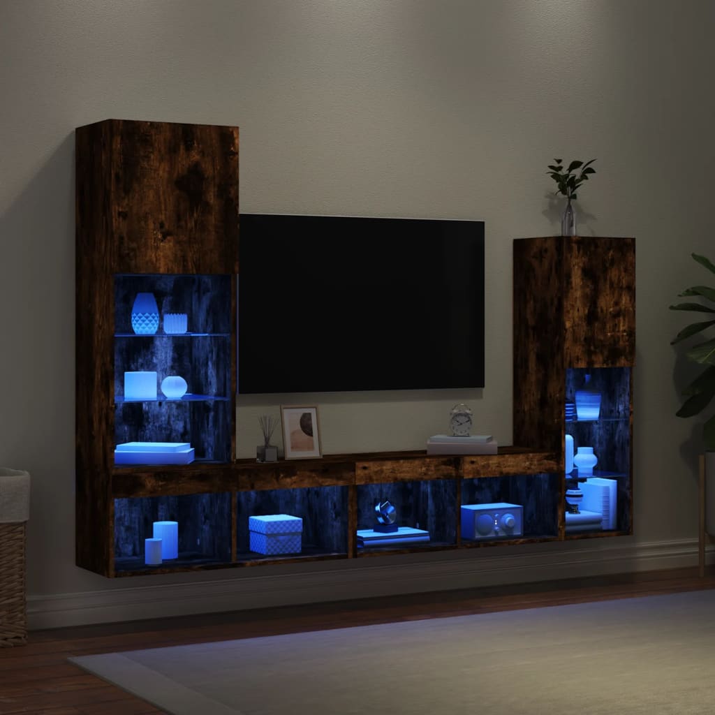 Mobili TV a Muro con LED 4pz Rovere Fumo in Legno Multistrato | homemem39