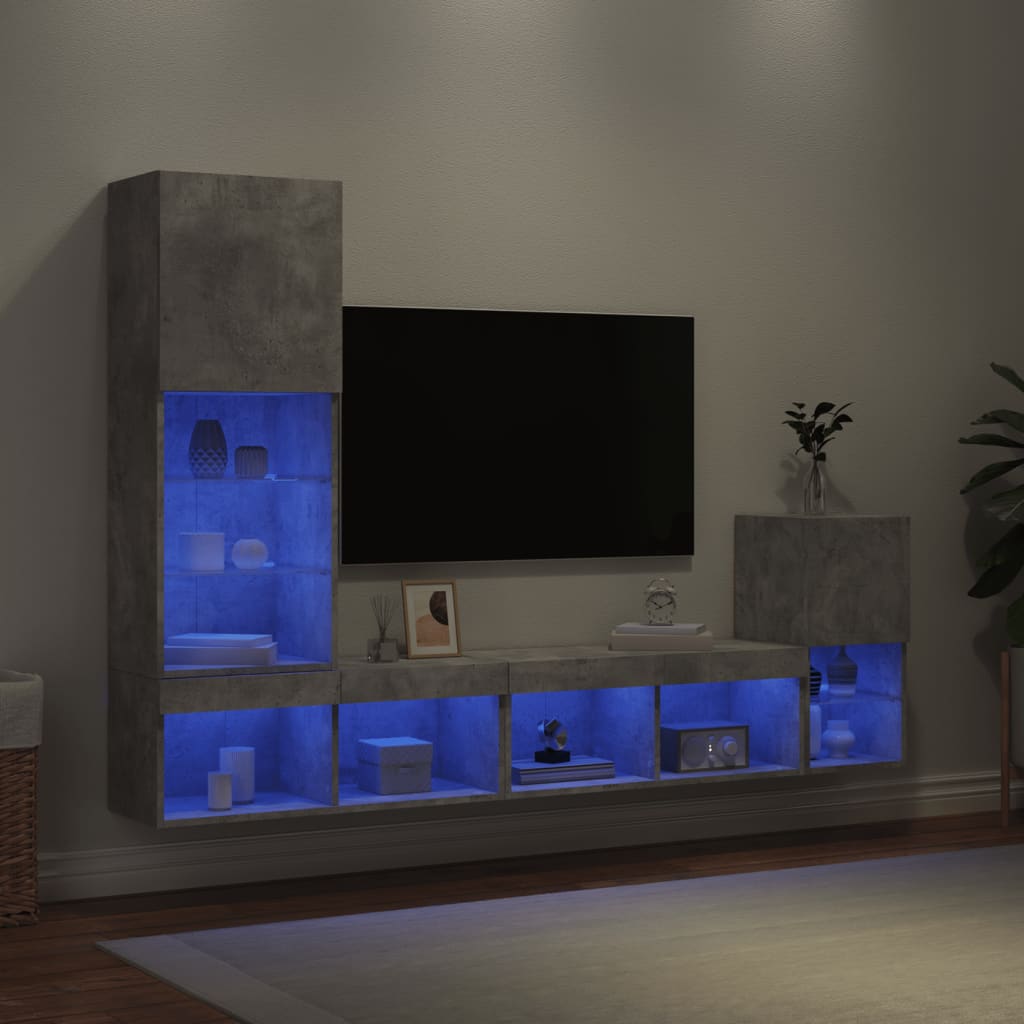 Mobili TV a Muro con LED 4pz Grigio Cemento Legno Multistrato