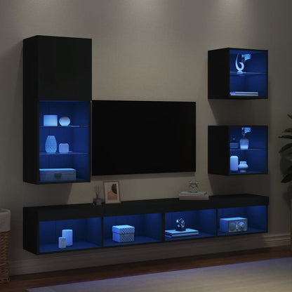 Mobili TV a Muro con LED 5pz Neri in Legno Multistrato
