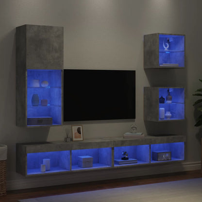 Mobili TV a Muro con LED 5pz Grigio Cemento Legno Multistrato