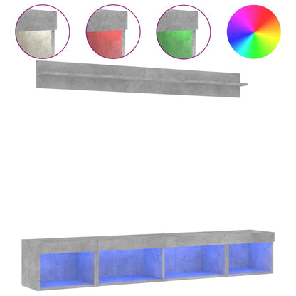Mobili TV a Muro con LED 5pz Grigio Cemento Legno Multistrato