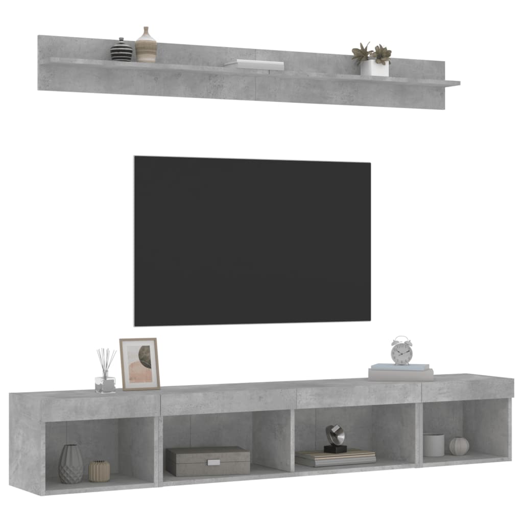 Mobili TV a Muro con LED 5pz Grigio Cemento Legno Multistrato