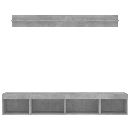 Mobili TV a Muro con LED 5pz Grigio Cemento Legno Multistrato