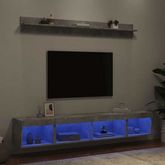 Mobili TV a Muro con LED 5pz Grigio Cemento Legno Multistrato