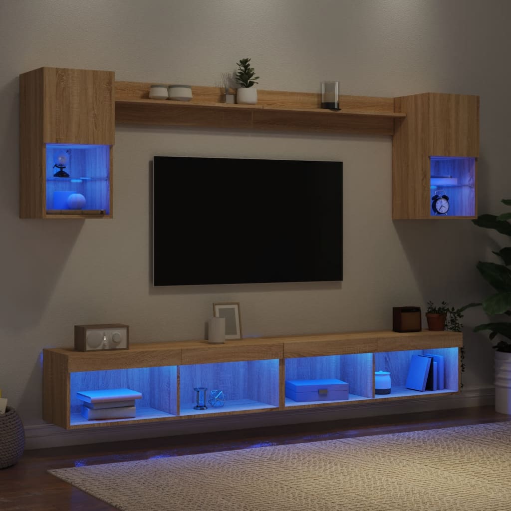 Mobili TV a Muro con LED 6pz Rovere Sonoma Legno Multistrato | homemem39