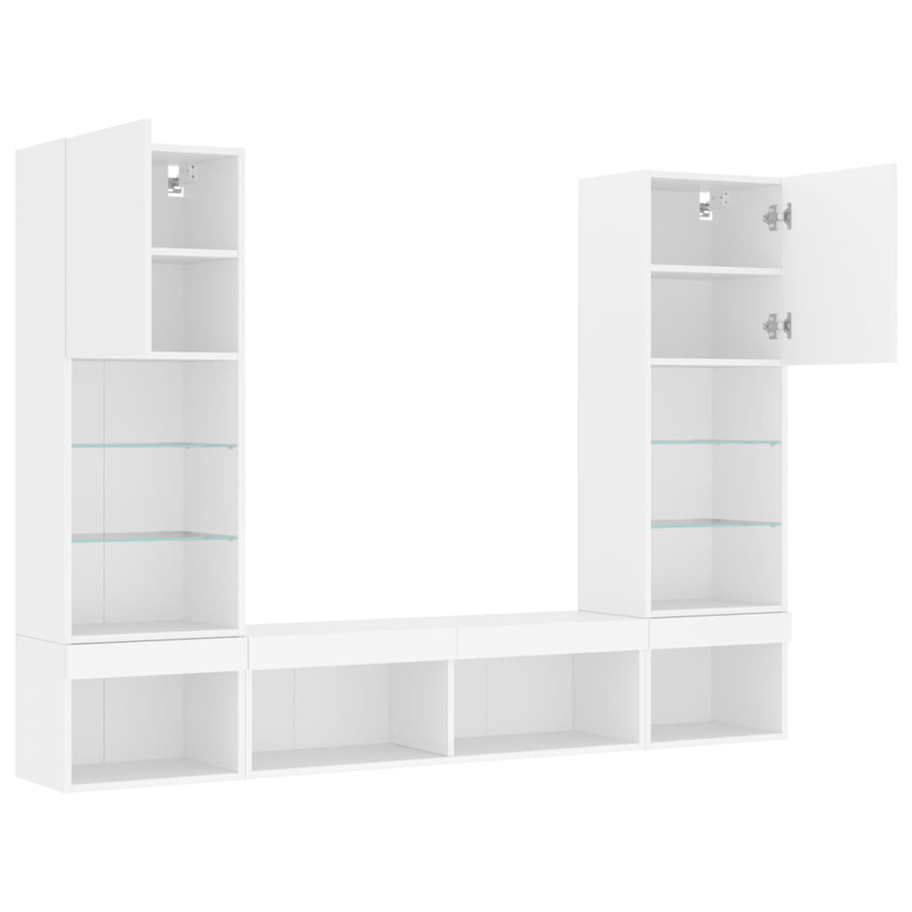 Mobili TV a Muro con LED 5pz Bianchi in Legno Multistrato