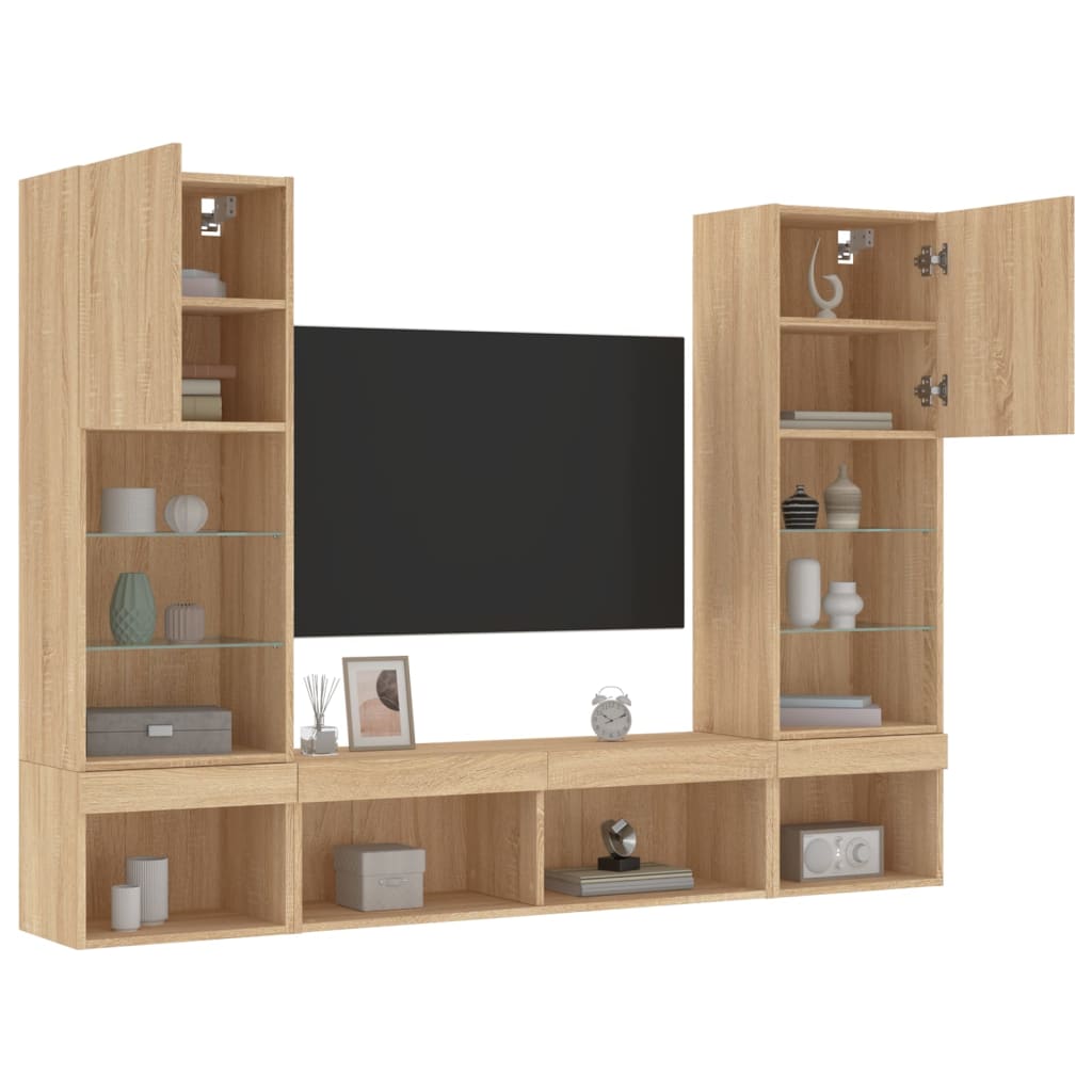 Mobili TV a Muro con LED 5pz Rovere Sonoma Legno Multistrato