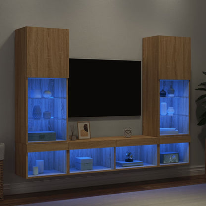 Mobili TV a Muro con LED 5pz Rovere Sonoma Legno Multistrato