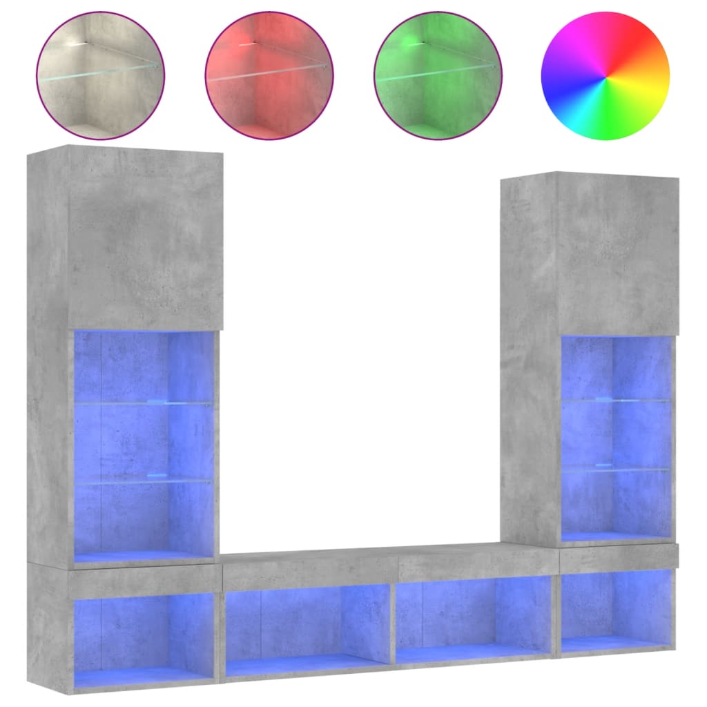 Mobili TV a Muro con LED 5pz Grigio Cemento Legno Multistrato