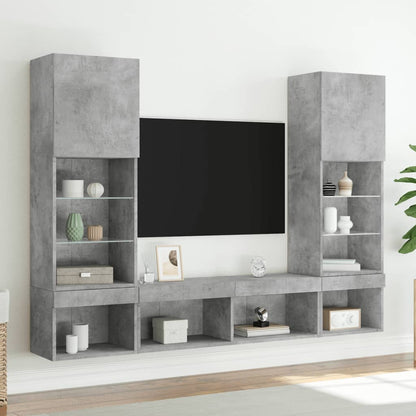 Mobili TV a Muro con LED 5pz Grigio Cemento Legno Multistrato