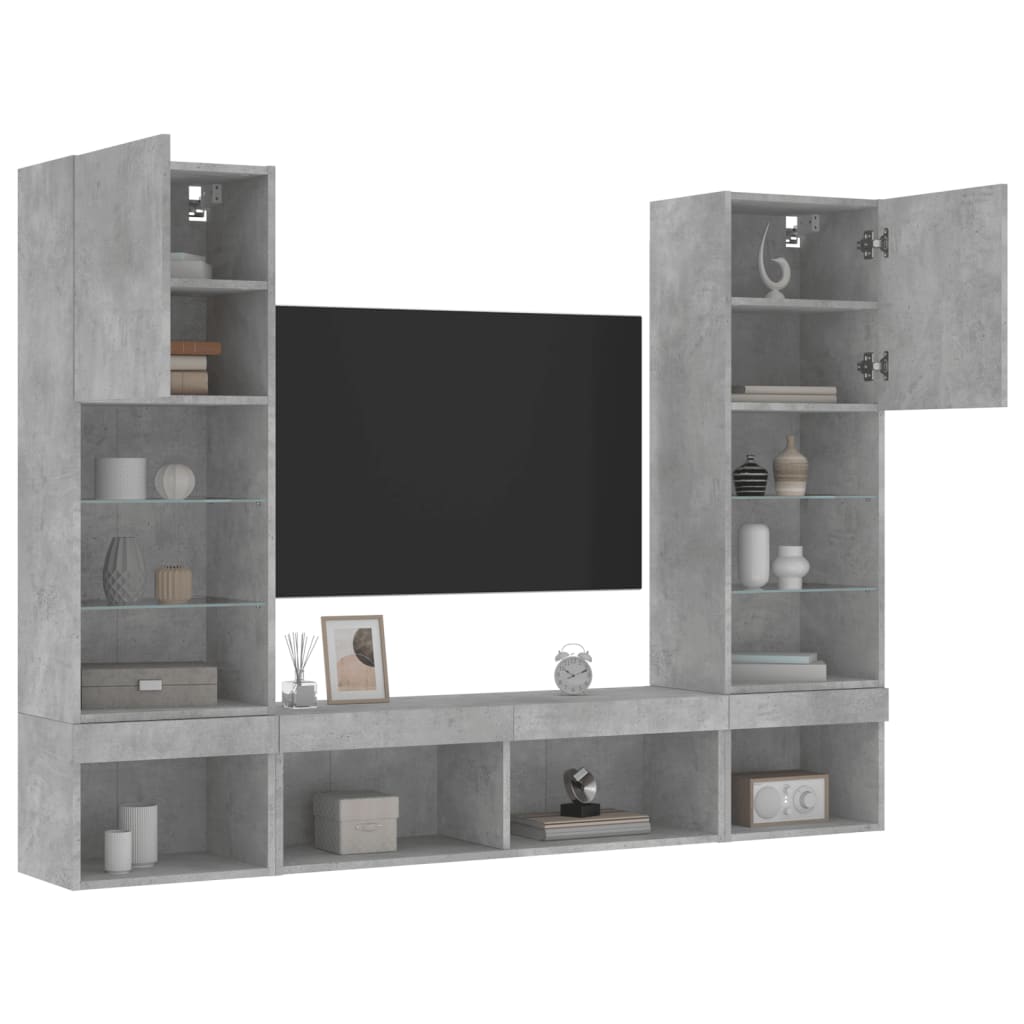 Mobili TV a Muro con LED 5pz Grigio Cemento Legno Multistrato
