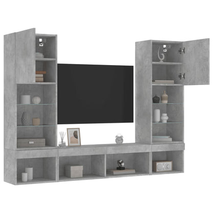 Mobili TV a Muro con LED 5pz Grigio Cemento Legno Multistrato