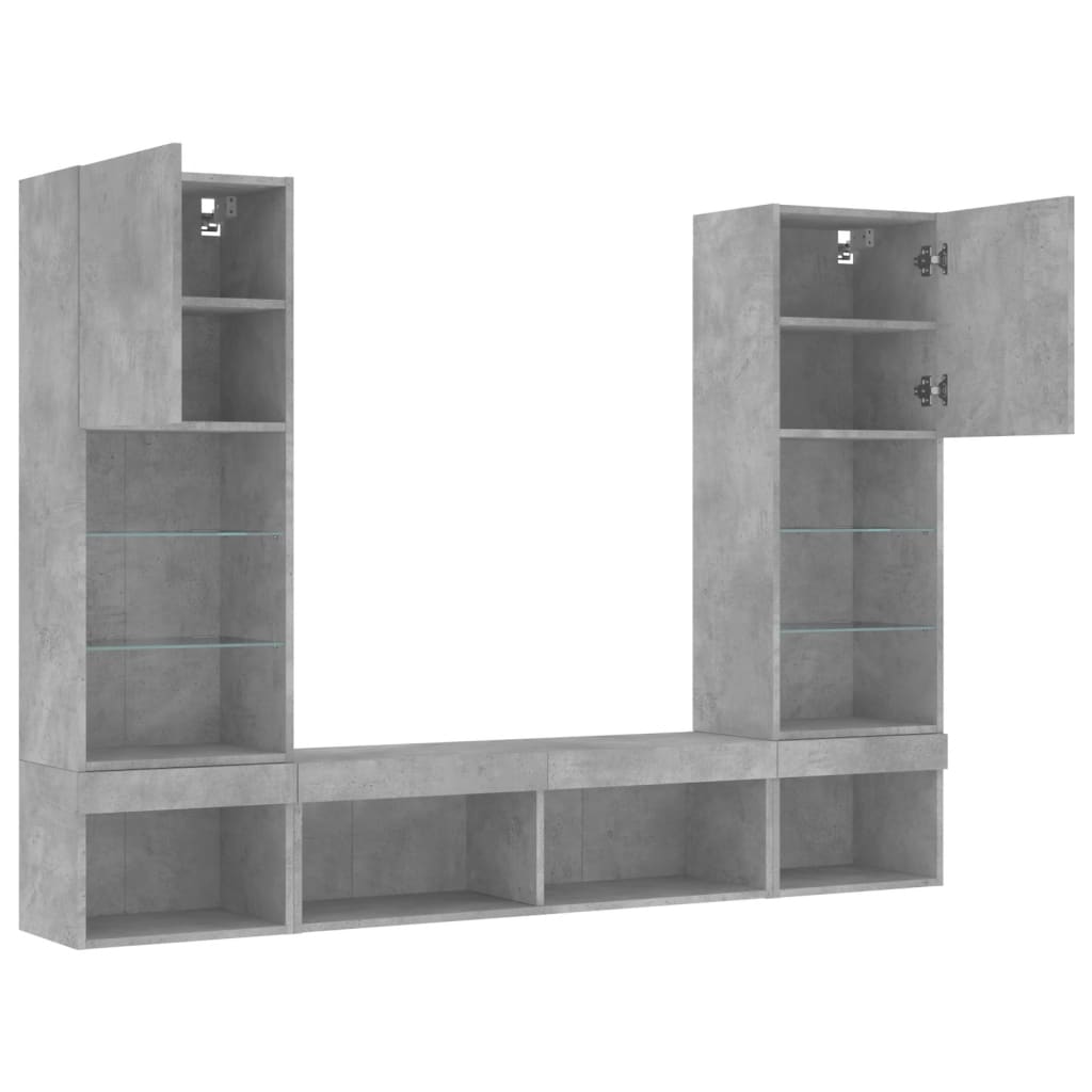 Mobili TV a Muro con LED 5pz Grigio Cemento Legno Multistrato