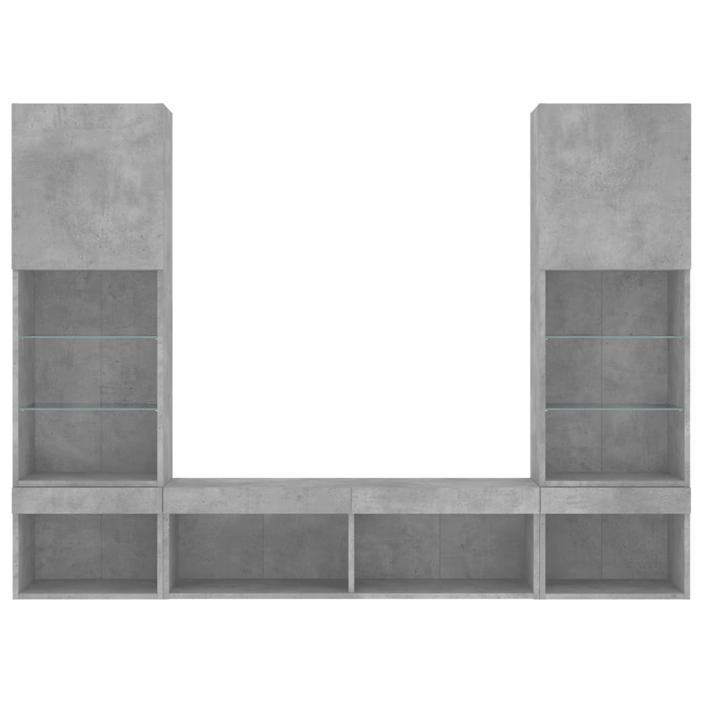 Mobili TV a Muro con LED 5pz Grigio Cemento Legno Multistrato