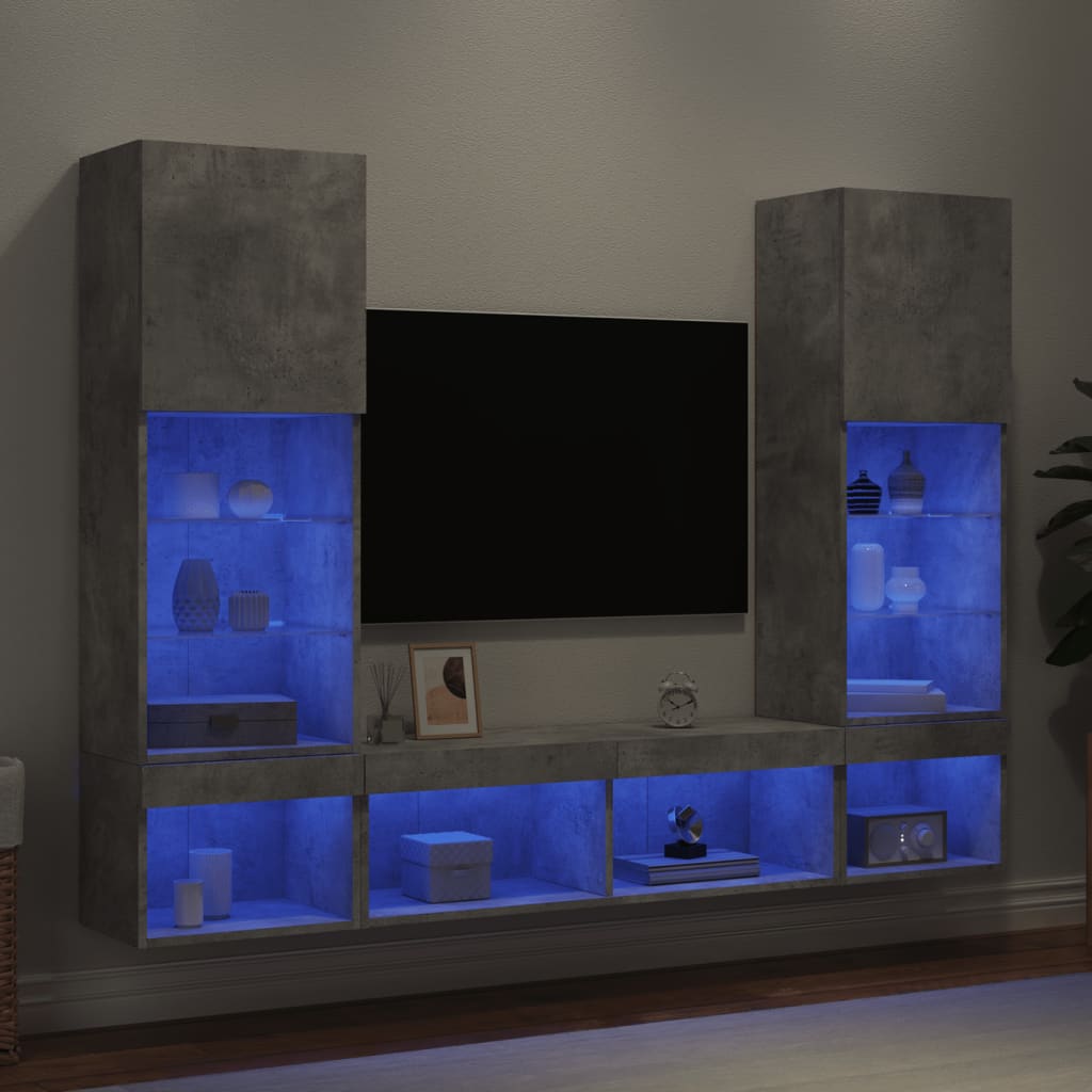 Mobili TV a Muro con LED 5pz Grigio Cemento Legno Multistrato
