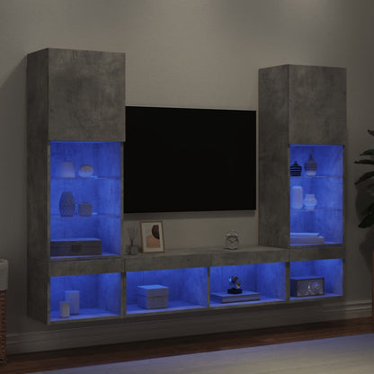 Mobili TV a Muro con LED 5pz Grigio Cemento Legno Multistrato
