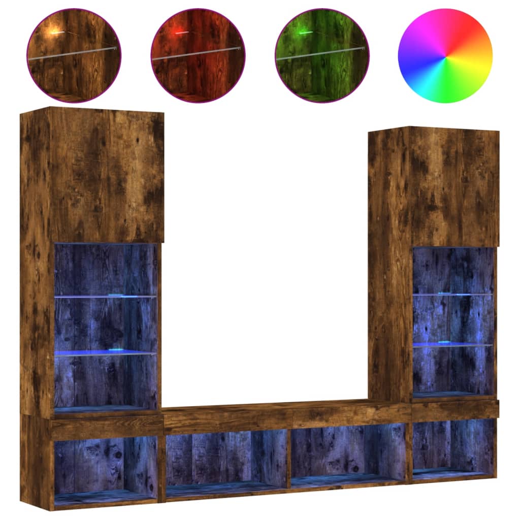 Mobili TV a Muro con LED 5pz Rovere Fumo in Legno Multistrato