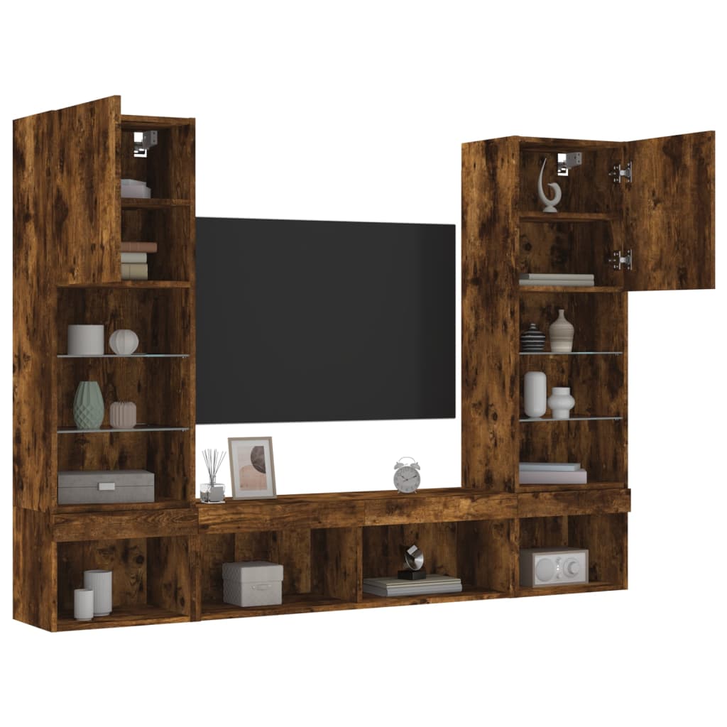 Mobili TV a Muro con LED 5pz Rovere Fumo in Legno Multistrato