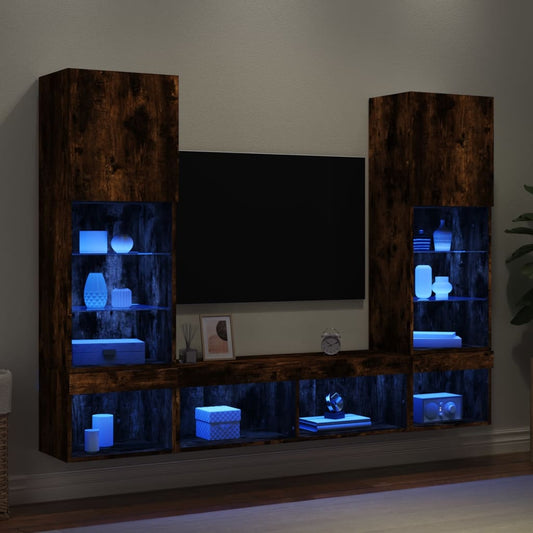 Mobili TV a Muro con LED 5pz Rovere Fumo in Legno Multistrato