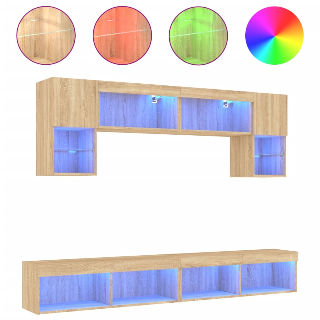 Mobili TV a Muro con LED 6pz Rovere Sonoma Legno Multistrato