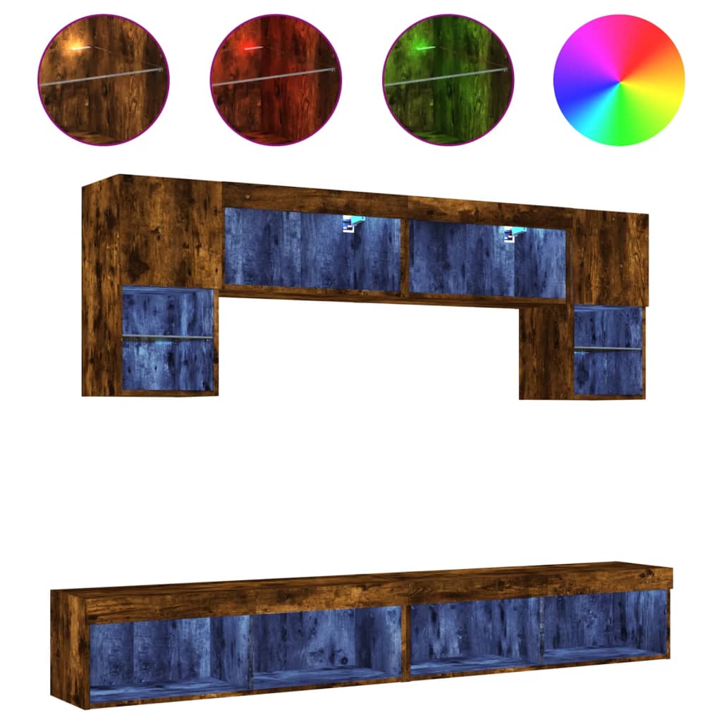 Mobili TV a Muro con LED 6pz Rovere Fumo in Legno Multistrato | homemem39