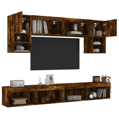 Mobili TV a Muro con LED 6pz Rovere Fumo in Legno Multistrato | homemem39