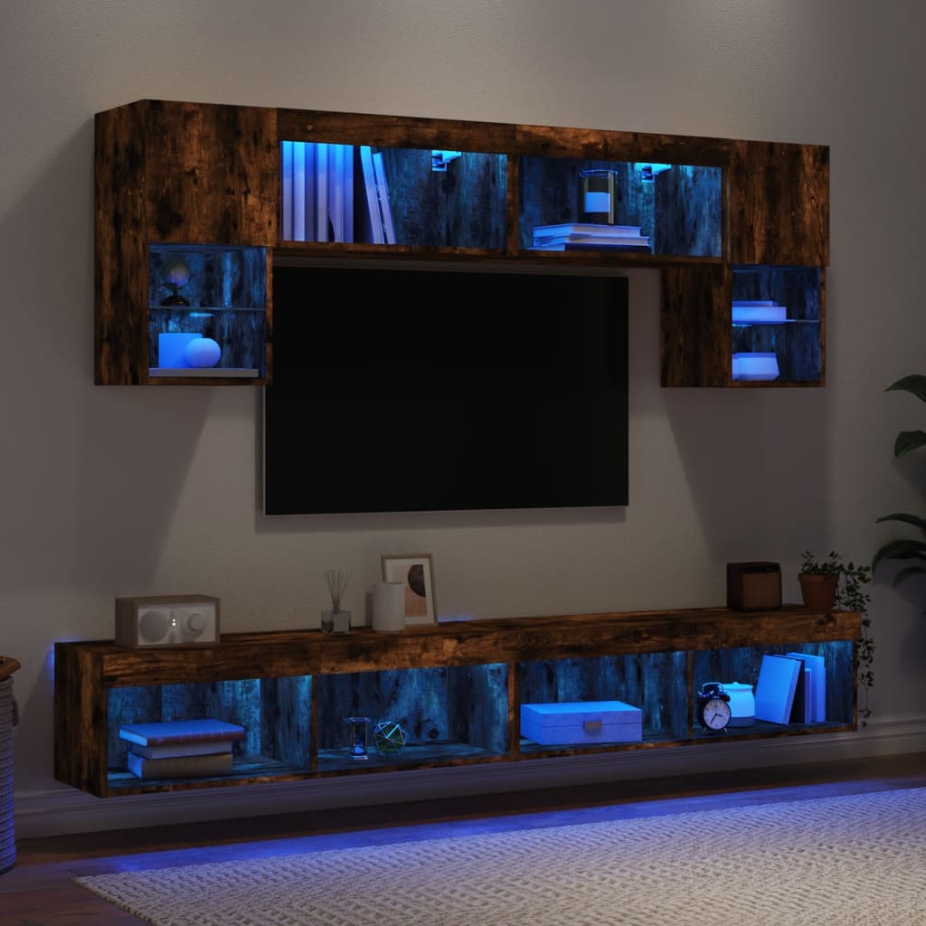 Mobili TV a Muro con LED 6pz Rovere Fumo in Legno Multistrato | homemem39