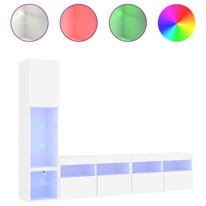 Mobili TV a Muro con LED 4pz Bianchi in Legno Multistrato