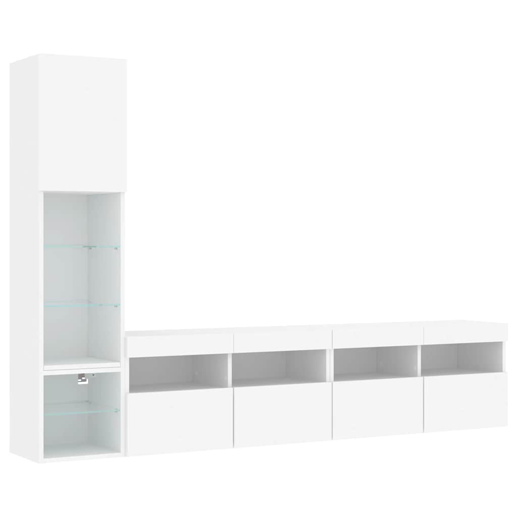Mobili TV a Muro con LED 4pz Bianchi in Legno Multistrato