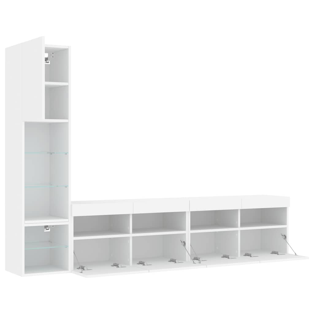 Mobili TV a Muro con LED 4pz Bianchi in Legno Multistrato