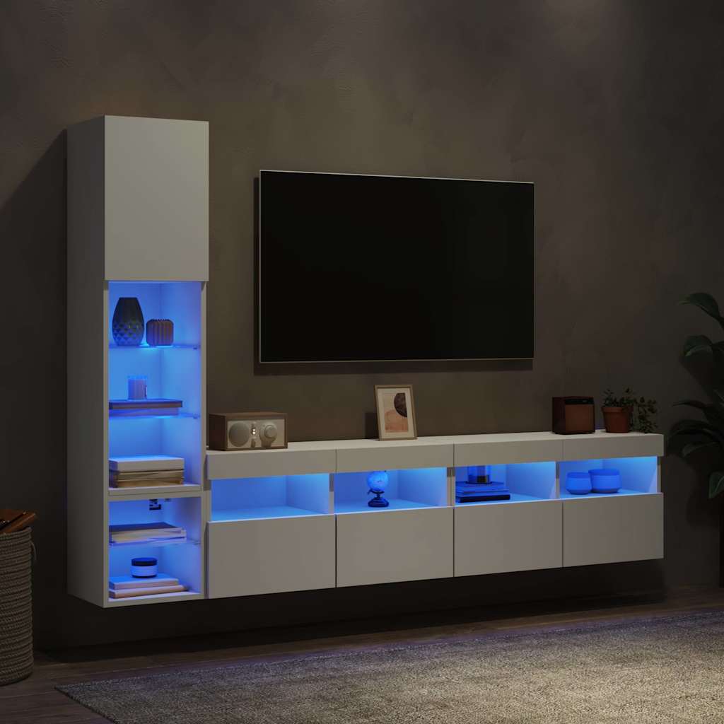 Mobili TV a Muro con LED 4pz Bianchi in Legno Multistrato