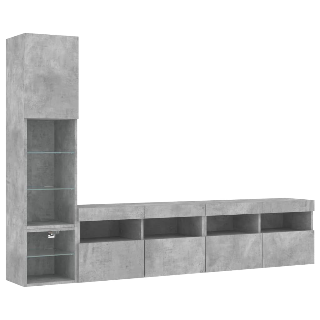 Mobili TV a Muro con LED 4pz Grigio Cemento Legno Multistrato | homemem39