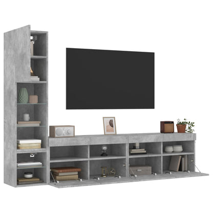 Mobili TV a Muro con LED 4pz Grigio Cemento Legno Multistrato