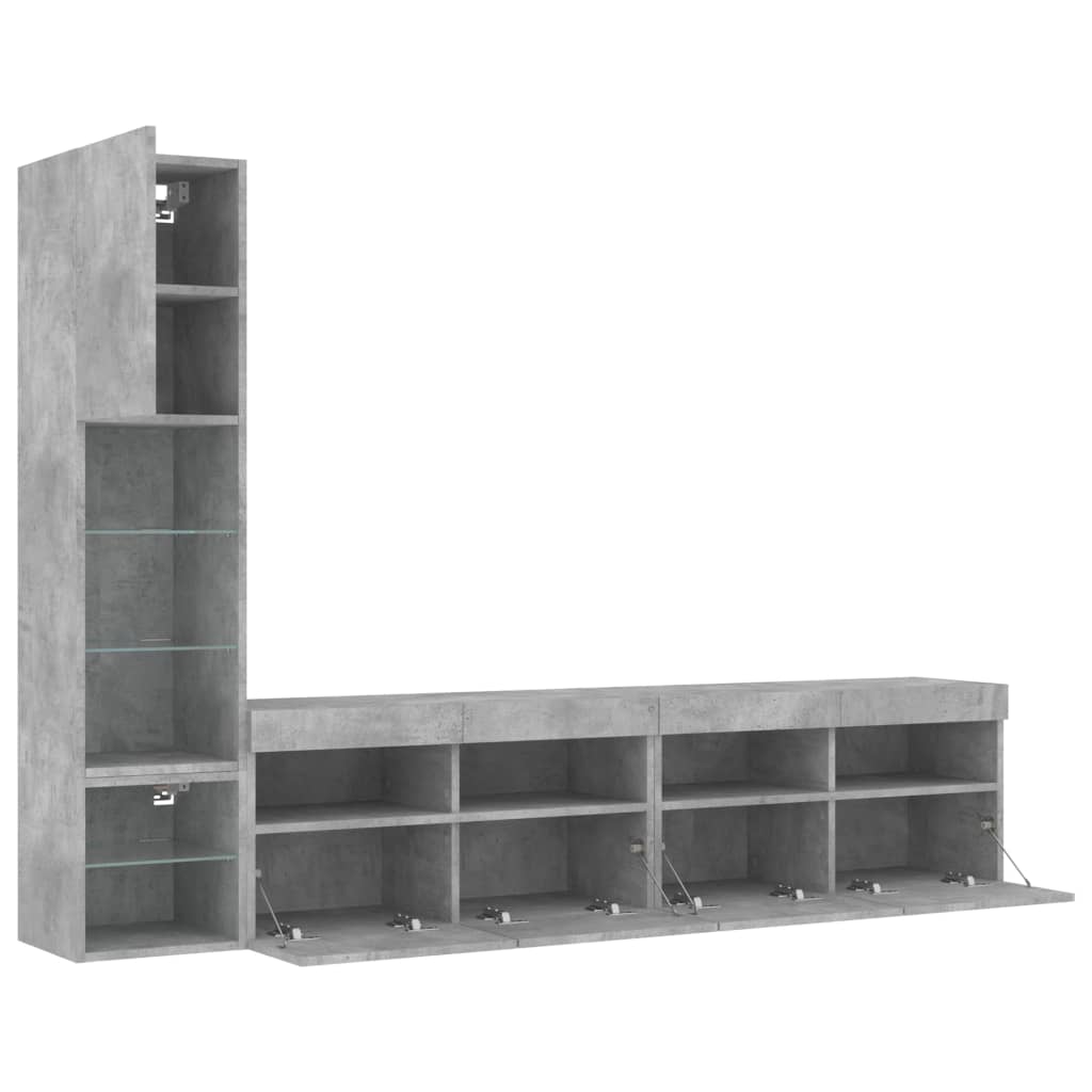 Mobili TV a Muro con LED 4pz Grigio Cemento Legno Multistrato
