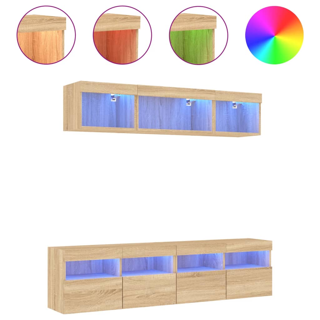 Mobili TV a Muro con LED 5pz Rovere Sonoma Legno Multistrato