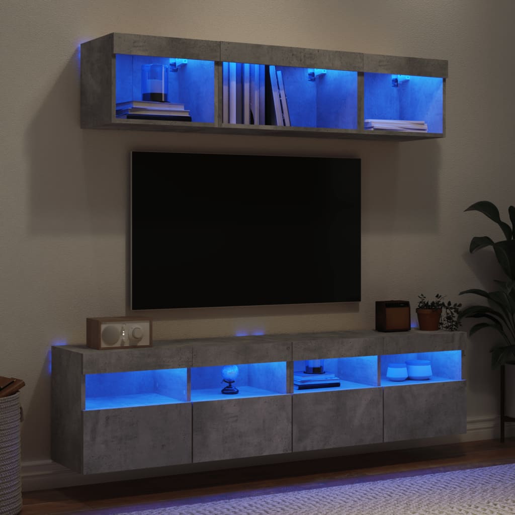 Mobili TV a Muro con LED 5pz Grigio Cemento Legno Multistrato | homemem39