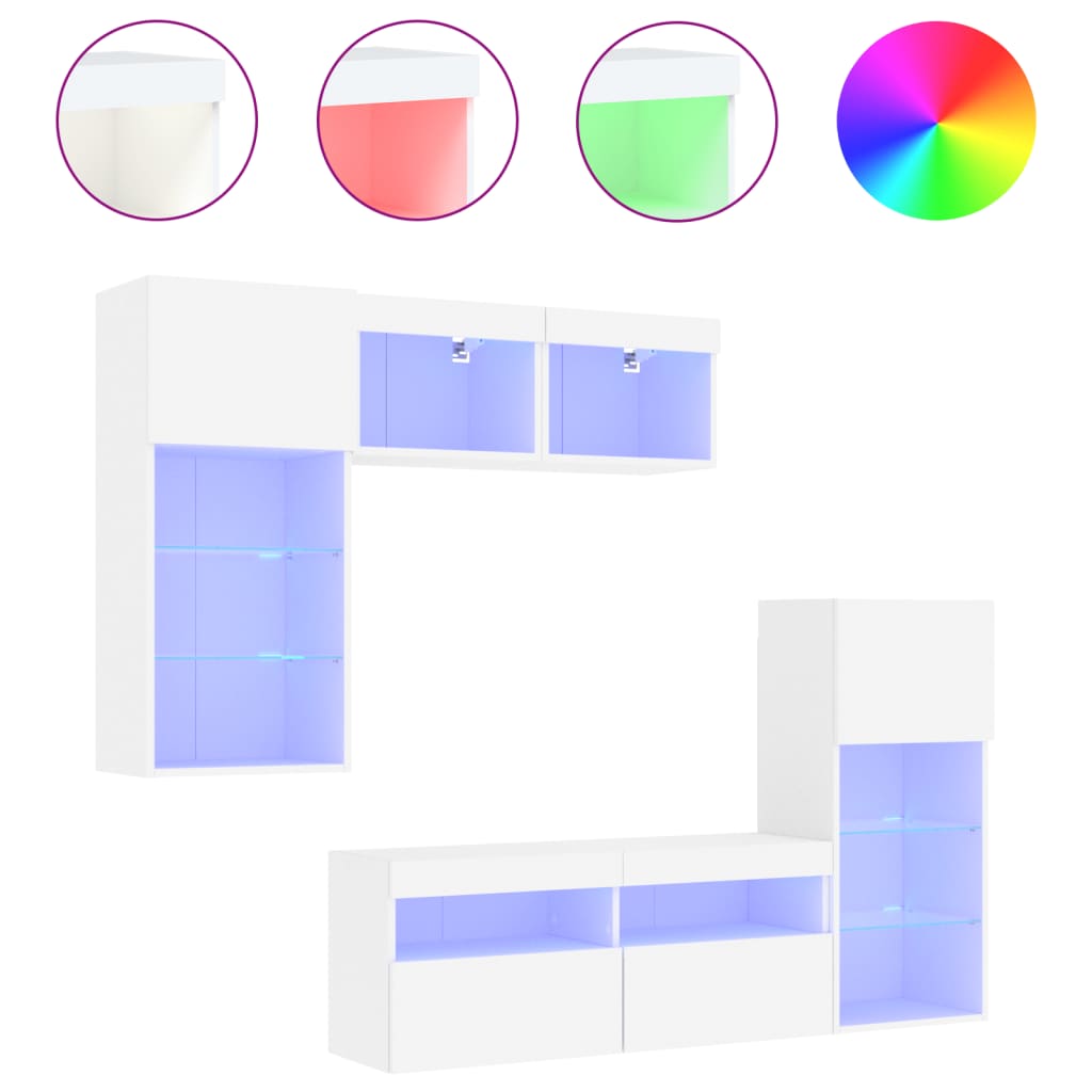 Mobili TV a Muro con LED 5pz Bianchi in Legno Multistrato