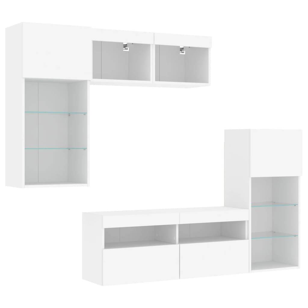 Mobili TV a Muro con LED 5pz Bianchi in Legno Multistrato
