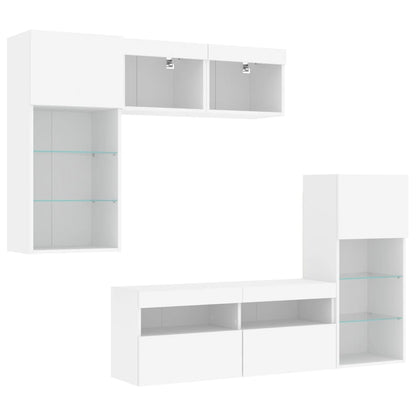 Mobili TV a Muro con LED 5pz Bianchi in Legno Multistrato