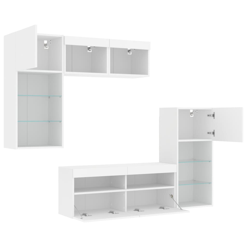 Mobili TV a Muro con LED 5pz Bianchi in Legno Multistrato