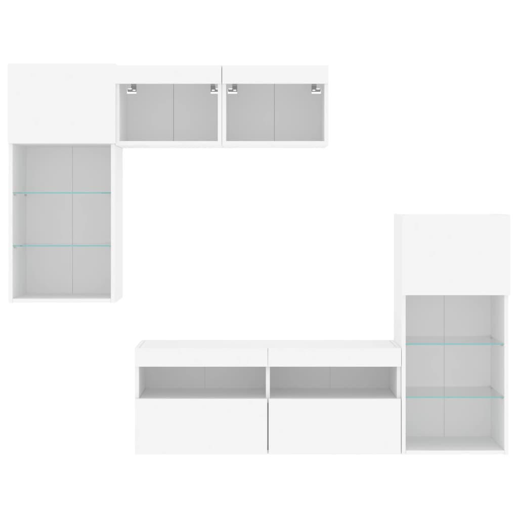 Mobili TV a Muro con LED 5pz Bianchi in Legno Multistrato