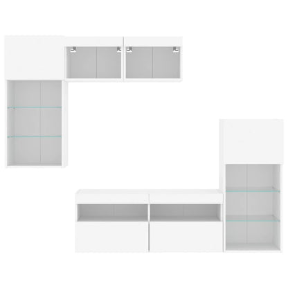 Mobili TV a Muro con LED 5pz Bianchi in Legno Multistrato