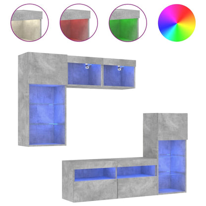 Mobili TV a Muro con LED 5pz Grigio Cemento Legno Multistrato
