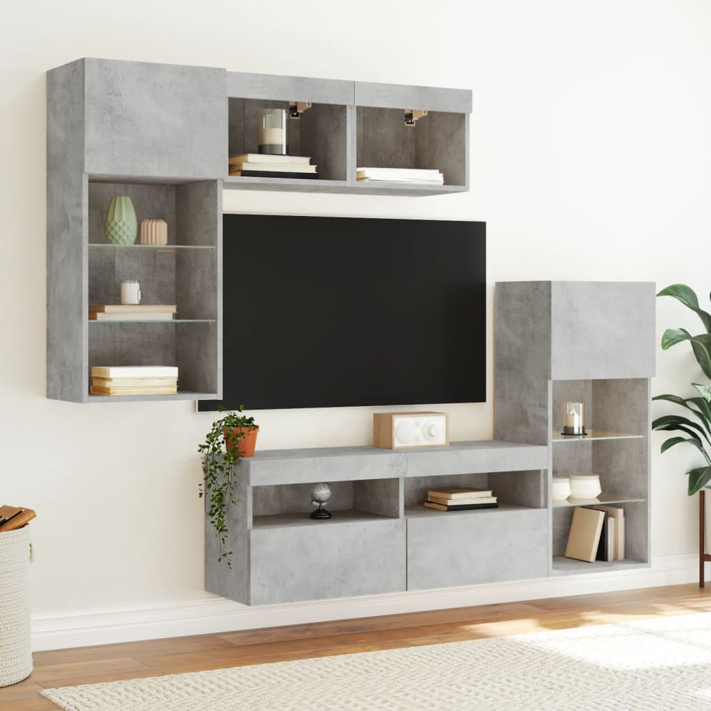 Mobili TV a Muro con LED 5pz Grigio Cemento Legno Multistrato
