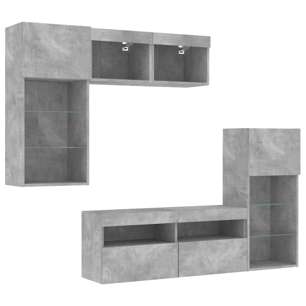 Mobili TV a Muro con LED 5pz Grigio Cemento Legno Multistrato