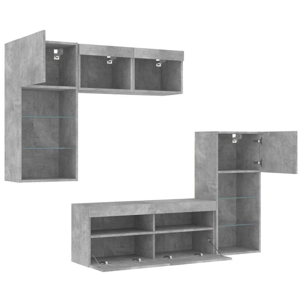 Mobili TV a Muro con LED 5pz Grigio Cemento Legno Multistrato