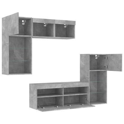 Mobili TV a Muro con LED 5pz Grigio Cemento Legno Multistrato