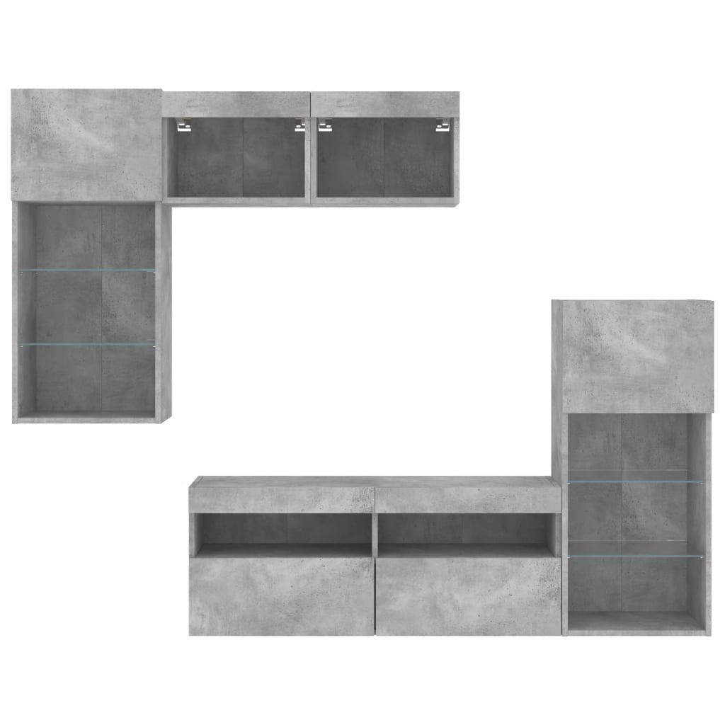 Mobili TV a Muro con LED 5pz Grigio Cemento Legno Multistrato | homemem39